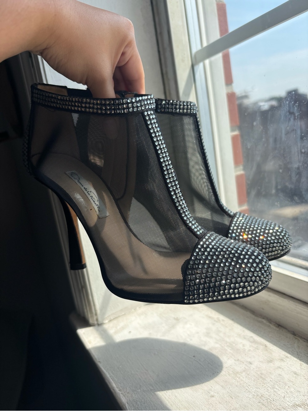 Oscar de la Renta Crystal-Embellished Black Mesh High Heel Booties